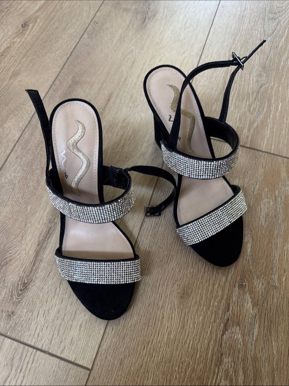 Nina Black Rhinestone Strap Heeled Sandals